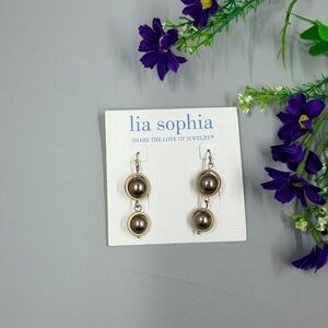 Lia Sophia Gold-Tone Double Brown Pearl Drop Earrings